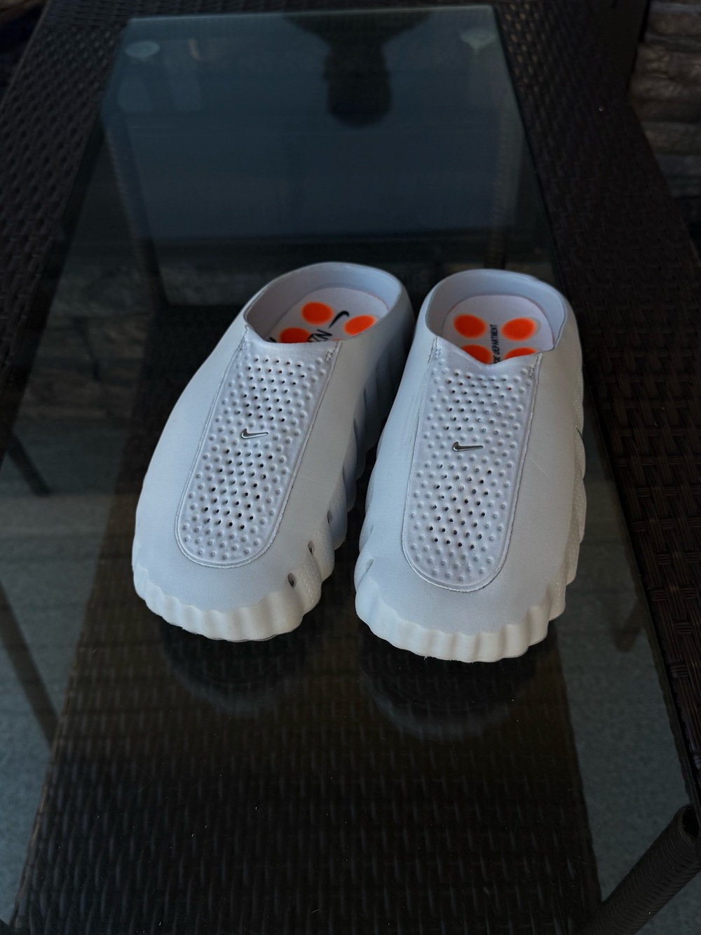 Nike White Men's Slip-On Foam Sandals with Silver Swoosh and Orange Accents - Picture 2 of 4